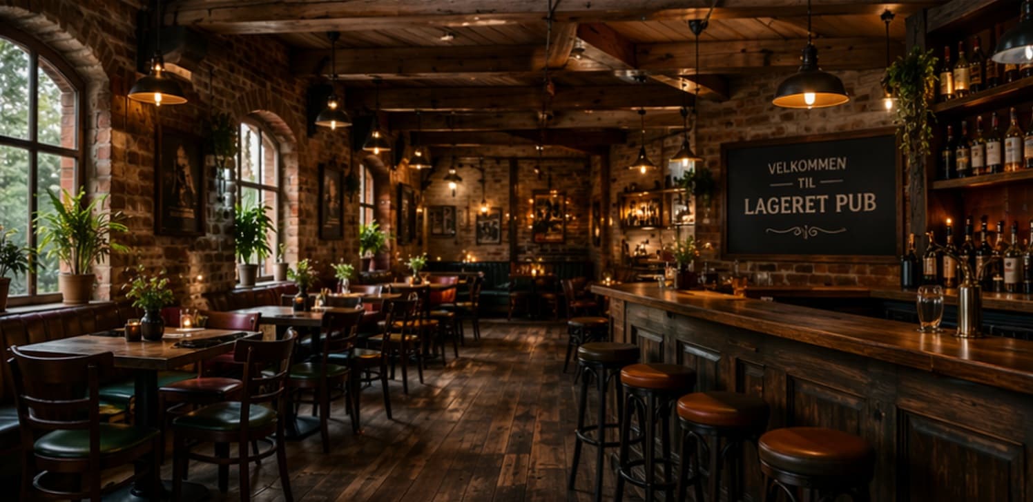 Stemningsfullt interiør fra pub